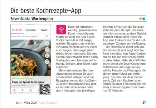 Artikel im Apps Magazin, der die SevenCooks App zur besten Kochrezepte-App kürt.