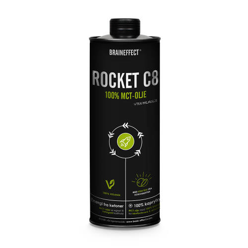 Das Öl Rocket C8 von BRAINEFFECT besteht zu 100 Prozent aus Caprylsäure. Sie liefert dem Gehirn schnell Energie.