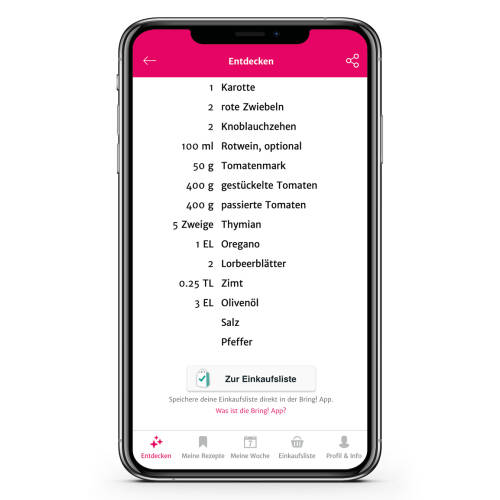Ein Screenshot der SevenCooks App mit einer Zutatenliste 