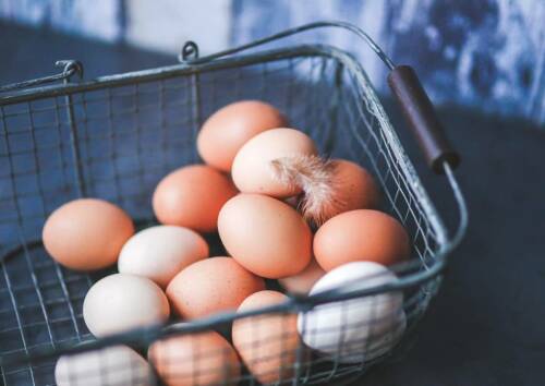 Über ein Dutzend Eier liegen in einem Metallkorb.