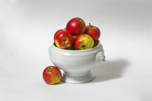 Schale gefüllt mit mehreren Äpfeln der Sorte Elstar, von vorne fotografiert.