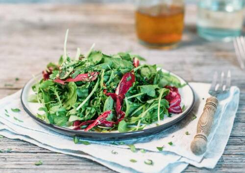 Ob als Beilage oder eine größere Portion, dieser grüne, gemische Salat geht immer. Fotografiert von oben-seitlich, auf einem Teller. Daneben eine Gabel mit Holzgriff.