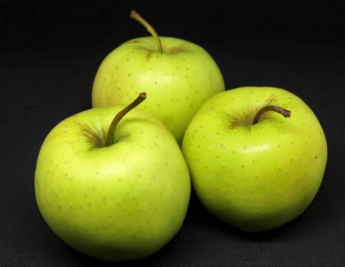 Drei Äpfel der Sorte Golden Delicious.