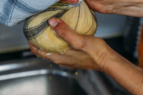 Kartoffelabrieb ausdrücken in Geschirrtuch mit Händen.
