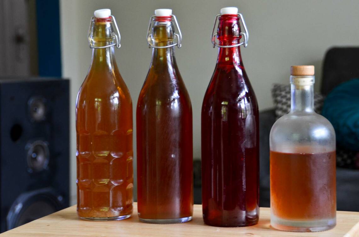 Vier Flaschen mit Kombucha in verschiedenen Geschmacksrichtungen gefüllt. Von vorne fotografiert.
