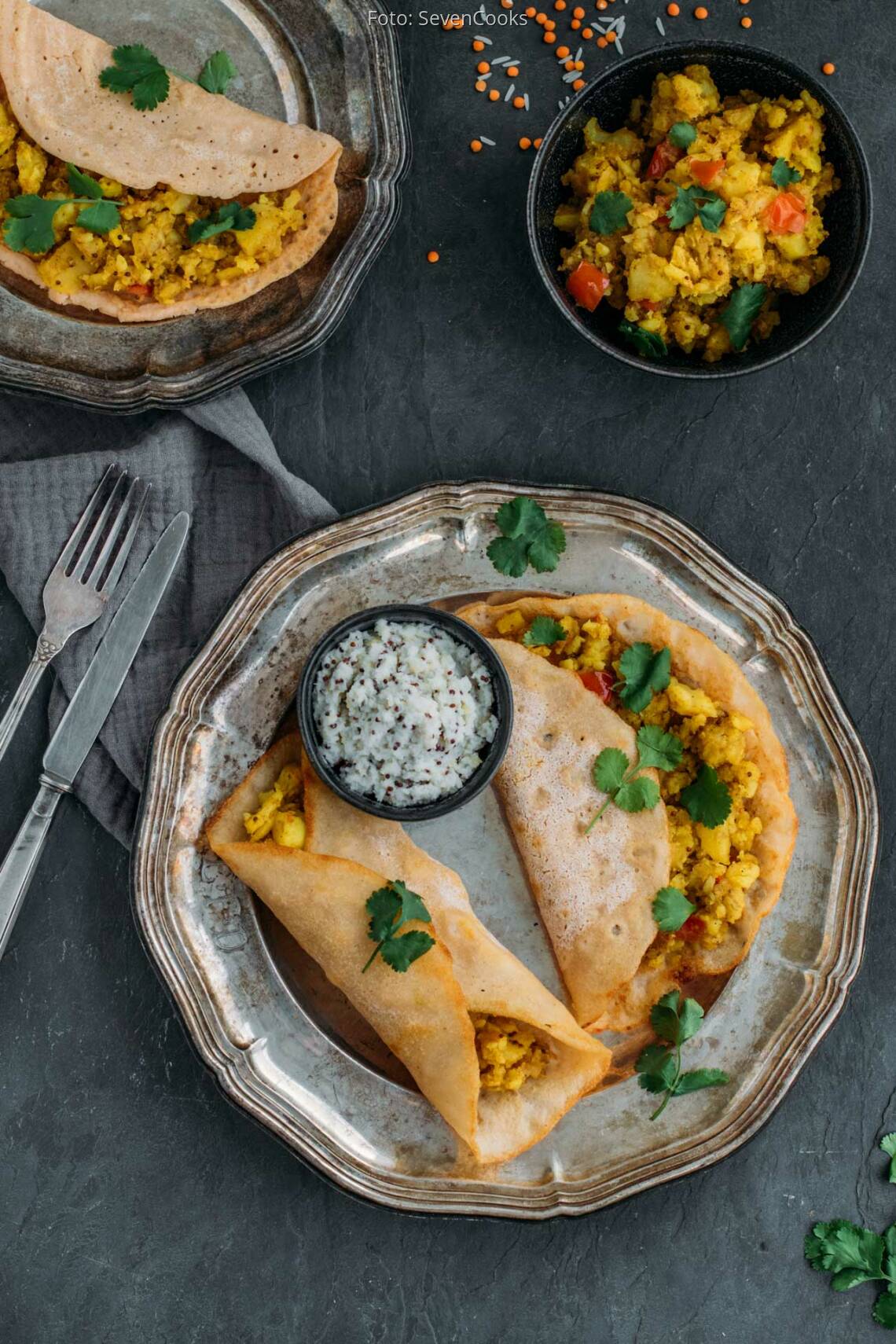 Masala Dosas mit Kartoffel-Füllung und Kokos-Chutney von SveaCooks