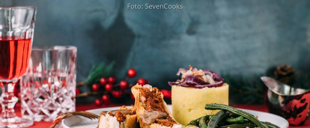 Veanes Rezept: Tofubraten mit Kartoffelstampf, grünen Bohnen und Rotweinsoße 1