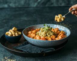 Veganes Rezept: Süßkartoffel Kürbis Ragout an Quinoa
