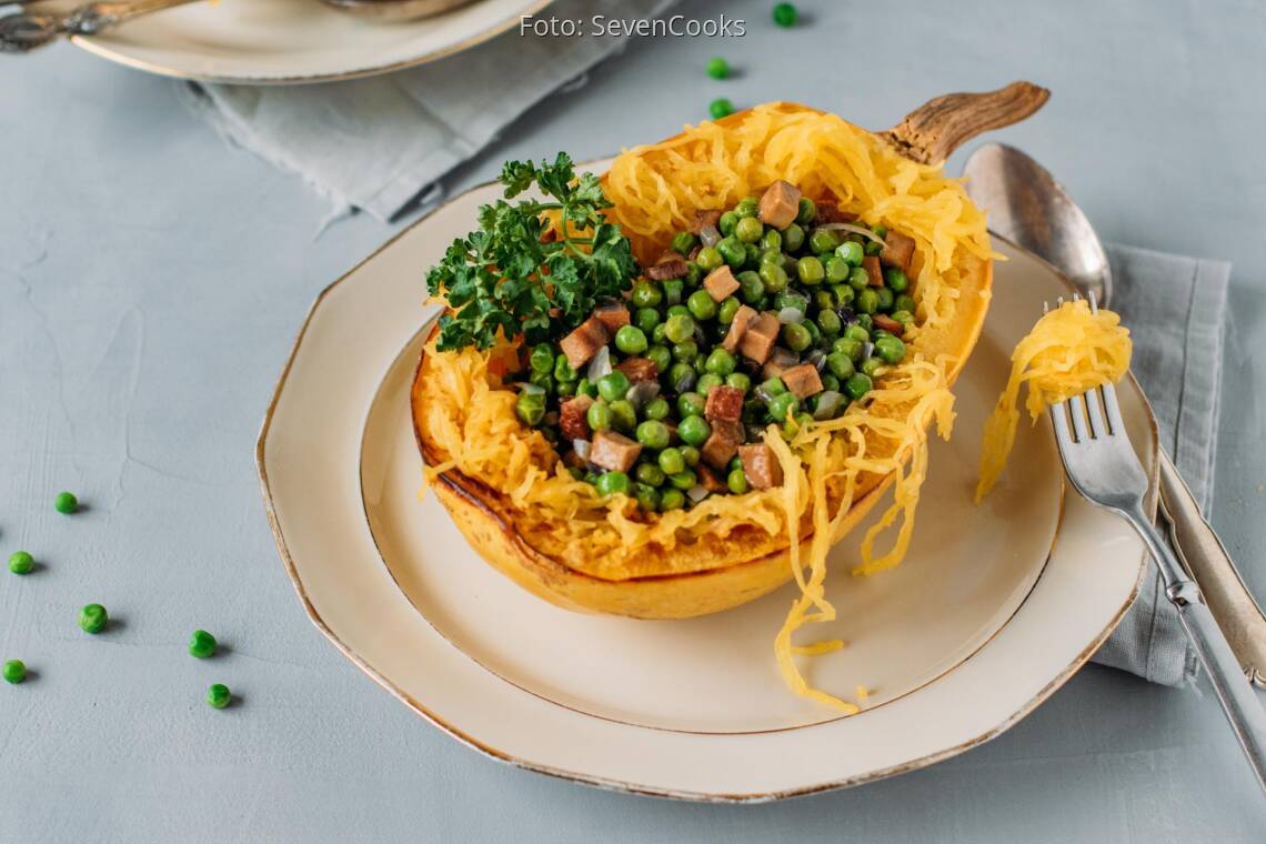 Veganes Rezept: Spaghetti-Kürbis mit veganer Erbsen-Carbonara 2