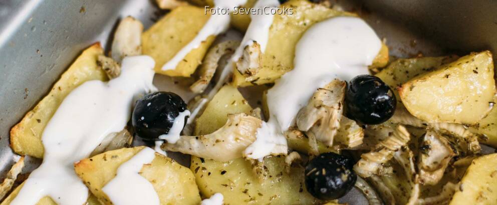 Vegetarisches Rezept: Fenchel-Kartoffeln-Oliven aus dem Ofen mit Zitronendip_3