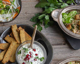 Vegetarisches Rezept: Kichererbsentofu Falafel mit Hummus und Joghurt-Minze Dip
