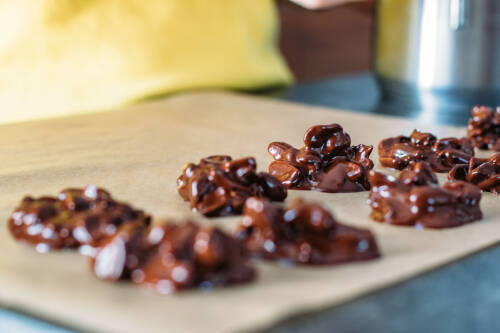 Zubereitung: Die Schoko Bites mit Erdnüssen und Cranberries vollständig auskühlen lassen.